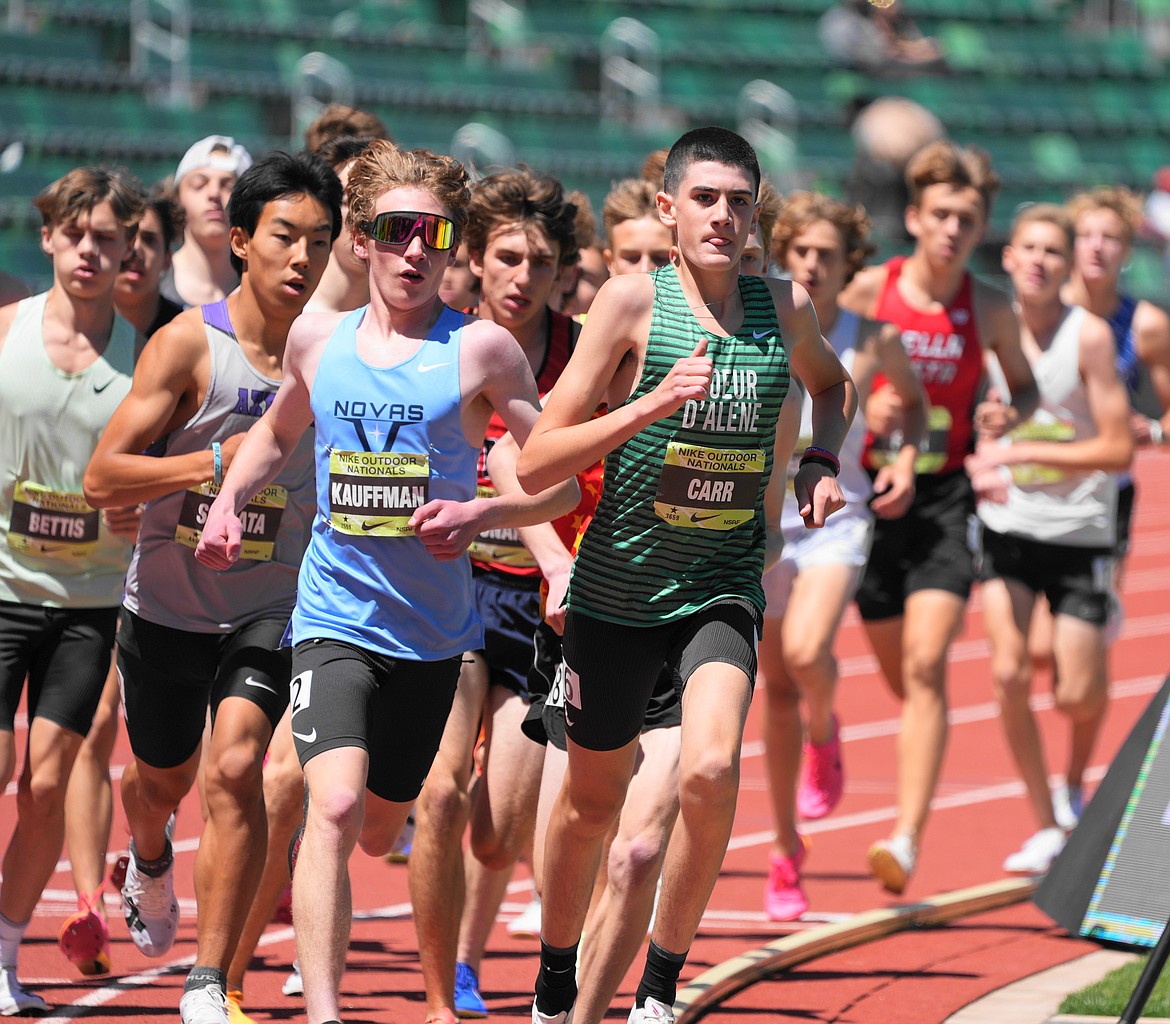 Photo courtesy of GEORGE ROHLINGER
Wyatt Carr of the North Idaho Distance Project, right, attempts to take the lead in the boys freshman 1,500-meter run at the Nike Outdoor National track and field meet on Thursday at Hayward Field in Eugene. Carr finished second in the event.