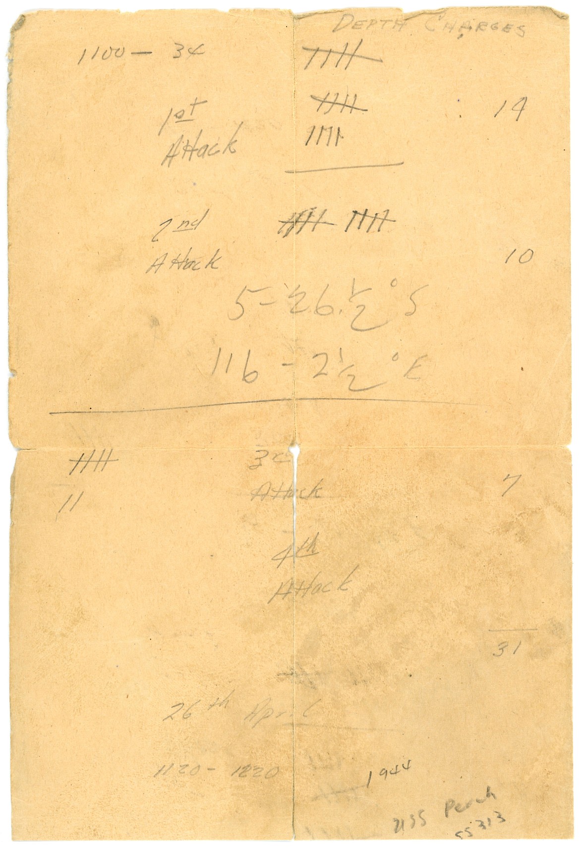 One of Kalispell native Harry Anderson's harrowing stories serving in the U.S. Navy Submarine Force during World War II is the focus new exhibit "The Silent Service: A WWII Diving Denizen of the Deep," at the Northwest Montana History Museum. Pictured is the piece of paper he recorded depth charges dropped on the USS Perch SS-313 during an April 1945 attack in the Java Sea. (Courtesy image)