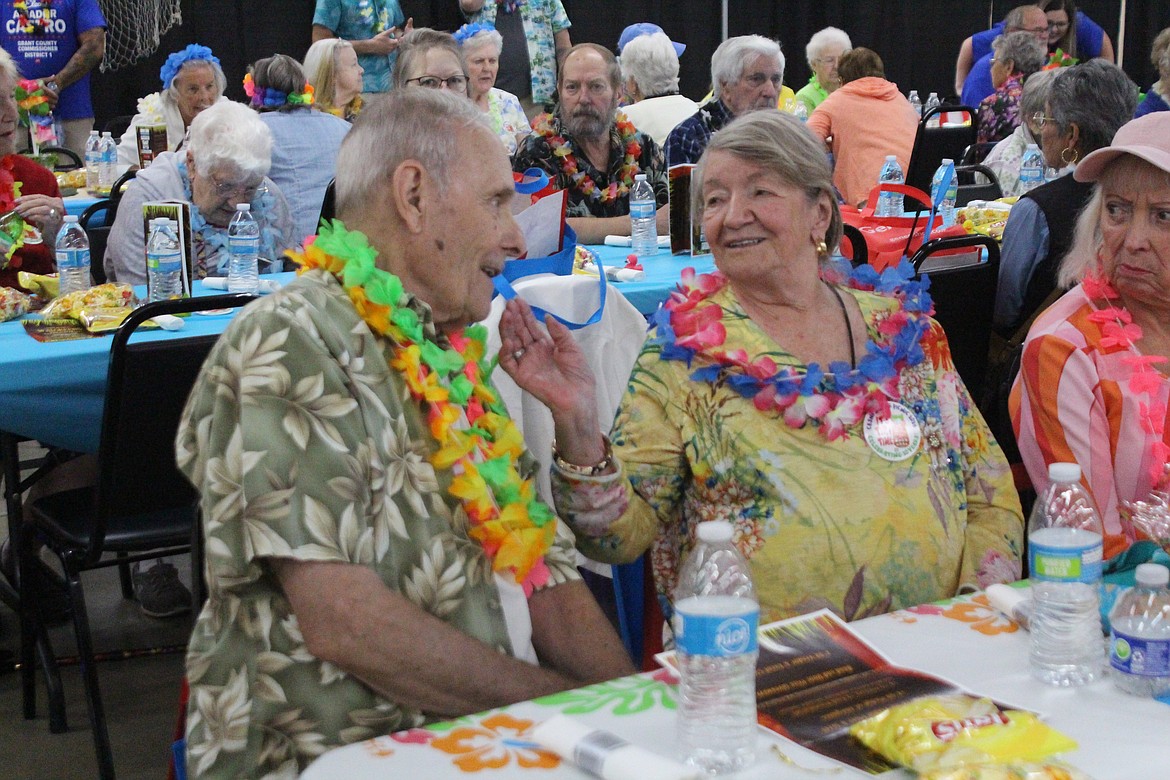 A couple converses at the senior picnic.