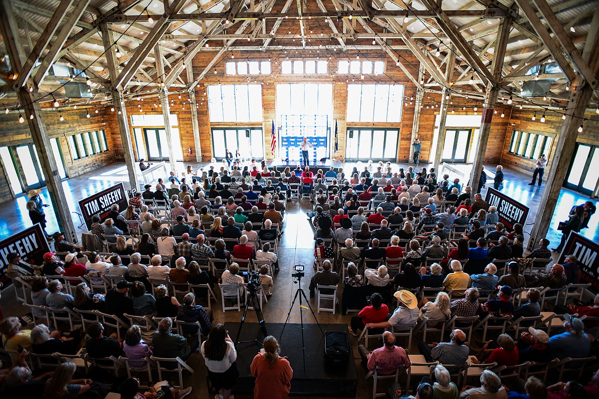 Republican U.S. Senate candidate Tim Sheehy speaks during a Save America Rally at Snowline Acres in Kalispell on Thursday, June 13. (Casey Kreider/Daily Inter Lake)