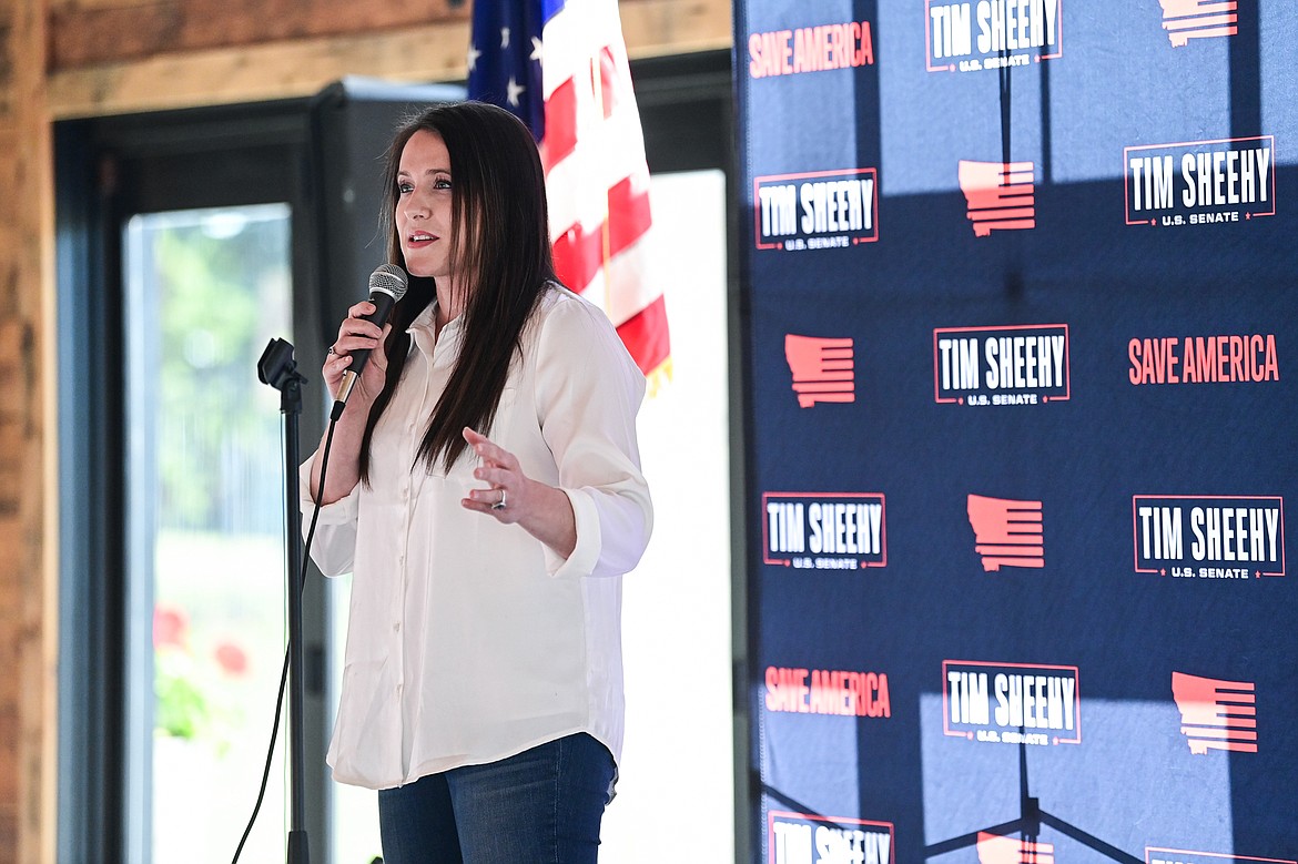 Rep. Courtenay Sprunger speaks during a Save America Rally with Republican U.S. Senate candidate Tim Sheehy and former congresswoman Tulsi Gabbard at Snowline Acres in Kalispell on Thursday, June 13. (Casey Kreider/Daily Inter Lake)