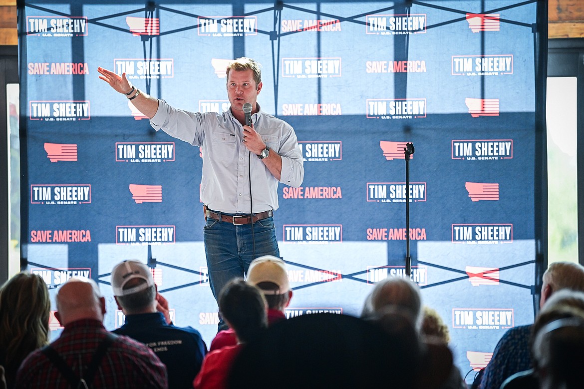 Republican U.S. Senate candidate Tim Sheehy speaks during a Save America Rally at Snowline Acres in Kalispell on Thursday, June 13. (Casey Kreider/Daily Inter Lake)