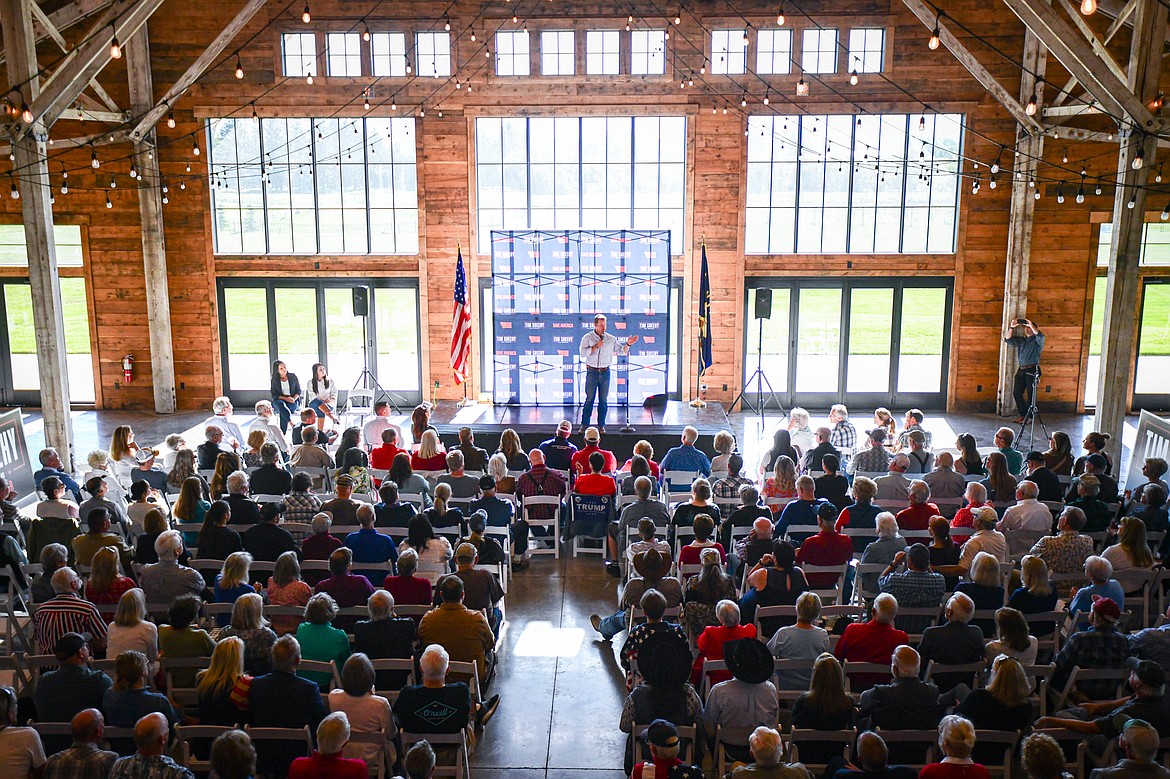 Republican U.S. Senate candidate Tim Sheehy speaks during a Save America Rally at Snowline Acres in Kalispell on Thursday, June 13. (Casey Kreider/Daily Inter Lake)