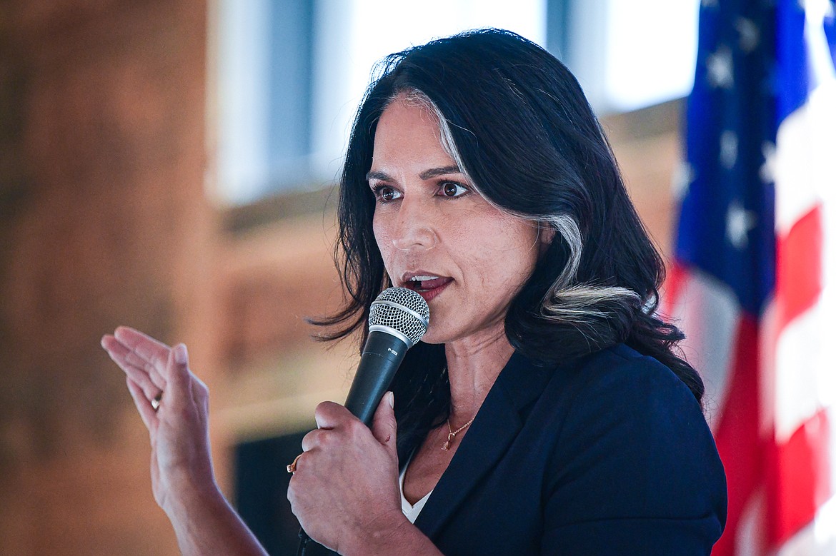 Former congresswoman and 2020 presidential candidate Tulsi Gabbard speaks during a Save American Rally with  Republican U.S. Senate candidate Tim Sheehy at Snowline Acres in Kalispell on Thursday, June 13. (Casey Kreider/Daily Inter Lake)