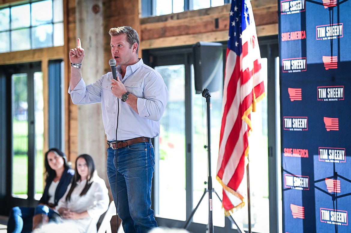 Republican U.S. Senate candidate Tim Sheehy speaks during a Save America Rally with former congresswoman and 2020 presidential candidate Tulsi Gabbard at Snowline Acres in Kalispell on Thursday, June 13. (Casey Kreider/Daily Inter Lake)