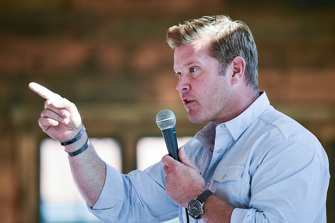 Republican U.S. Senate candidate Tim Sheehy speaks during a Save America Rally at Snowline Acres in Kalispell on Thursday, June 13. (Casey Kreider/Daily Inter Lake)