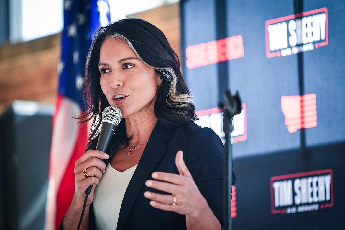 Former congresswoman and 2020 presidential candidate Tulsi Gabbard speaks during a Save American Rally with  Republican U.S. Senate candidate Tim Sheehy at Snowline Acres in Kalispell on Thursday, June 13. (Casey Kreider/Daily Inter Lake)