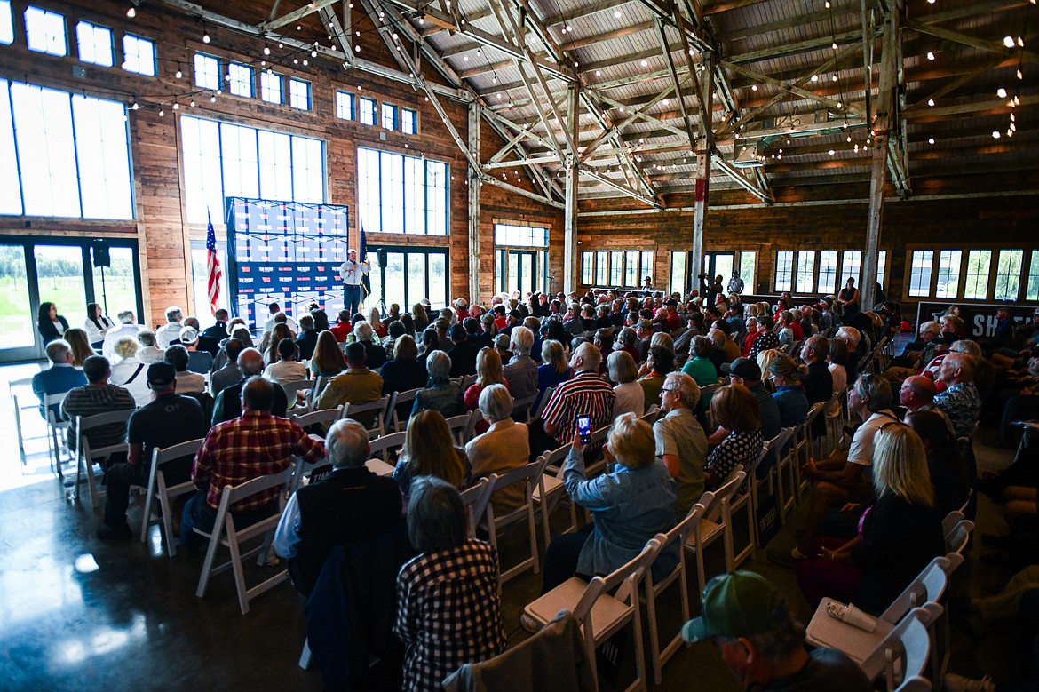 Republican U.S. Senate candidate Tim Sheehy speaks during a Save America Rally at Snowline Acres in Kalispell on Thursday, June 13. (Casey Kreider/Daily Inter Lake)