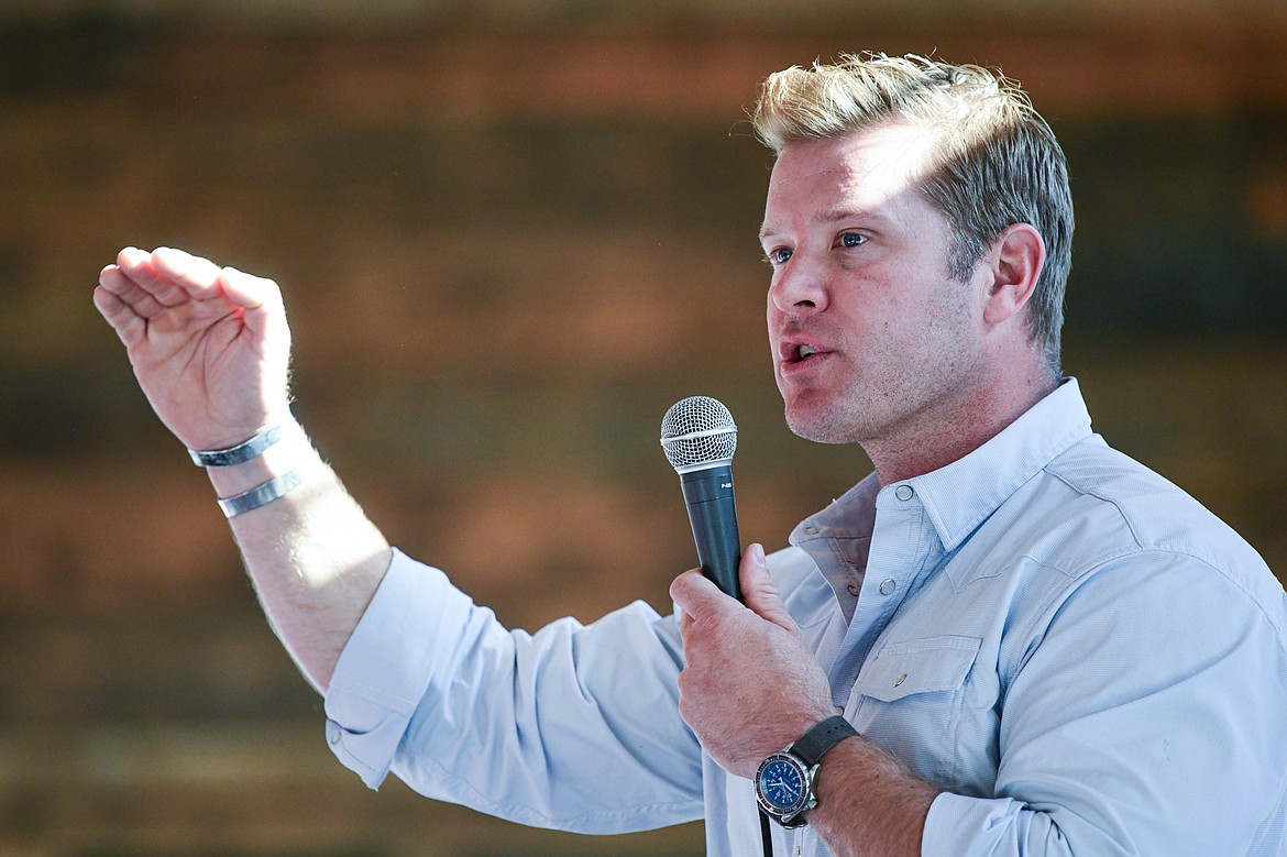 Republican U.S. Senate candidate Tim Sheehy speaks during a Save America Rally at Snowline Acres in Kalispell on Thursday, June 13. (Casey Kreider/Daily Inter Lake)