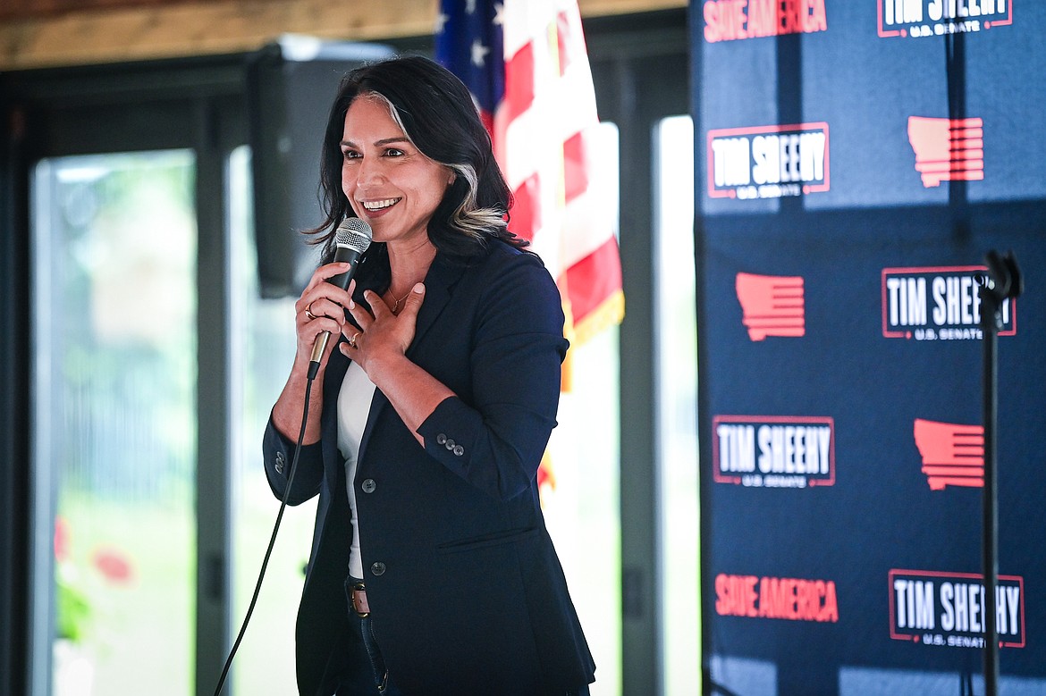 Former congresswoman and 2020 presidential candidate Tulsi Gabbard speaks during a Save American Rally with  Republican U.S. Senate candidate Tim Sheehy at Snowline Acres in Kalispell on Thursday, June 13. (Casey Kreider/Daily Inter Lake)