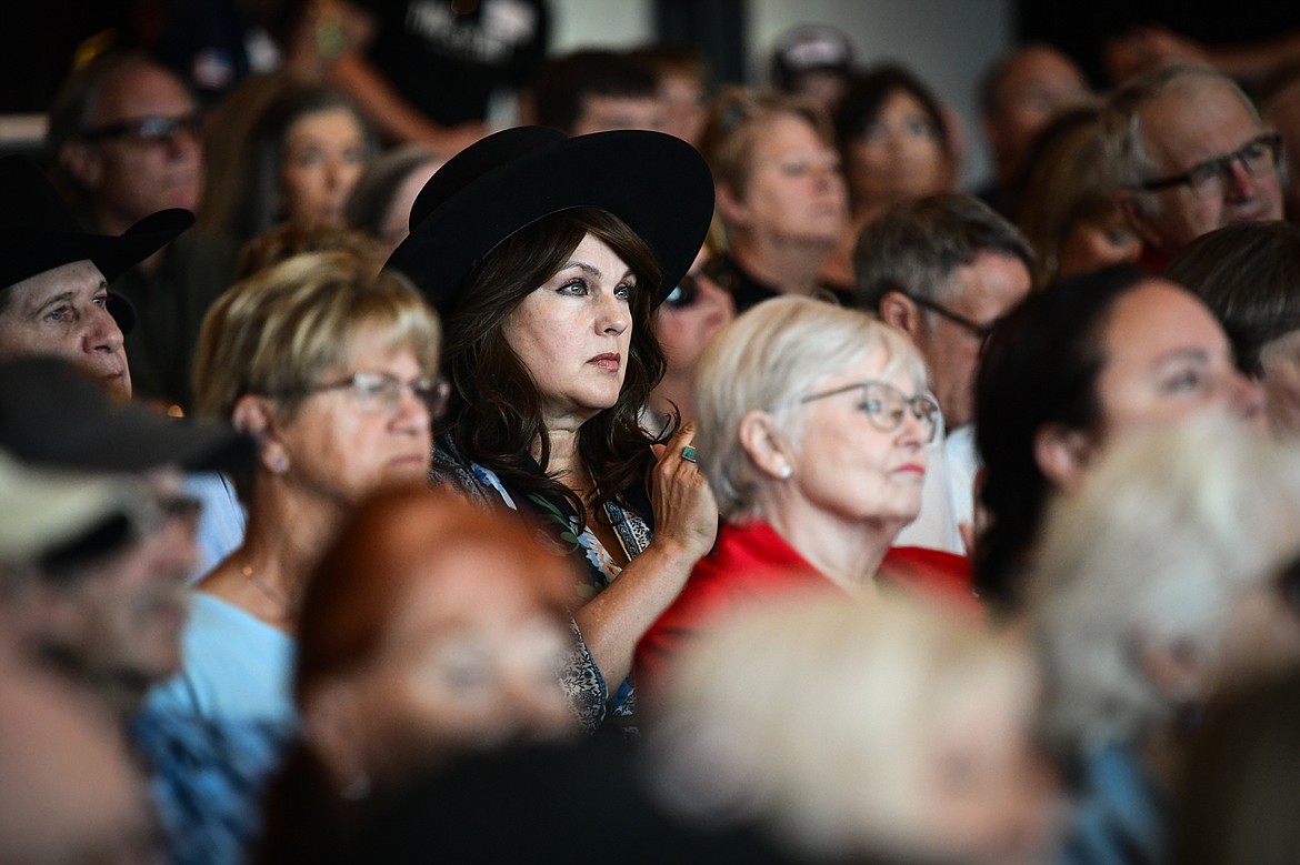 Attendees applaud during a Save America Rally with Republican U.S. Senate candidate Tim Sheehy and former congresswoman and 2020 presidential candidate Tulsi Gabbard at Snowline Acres in Kalispell on Thursday, June 13. (Casey Kreider/Daily Inter Lake)