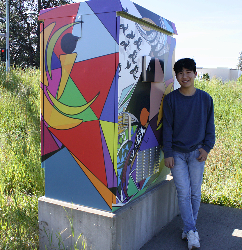 Ryan Liu's design is on the electrical box south of the Highway 41 bridge on the south side of Highway 53 in Rathdrum.