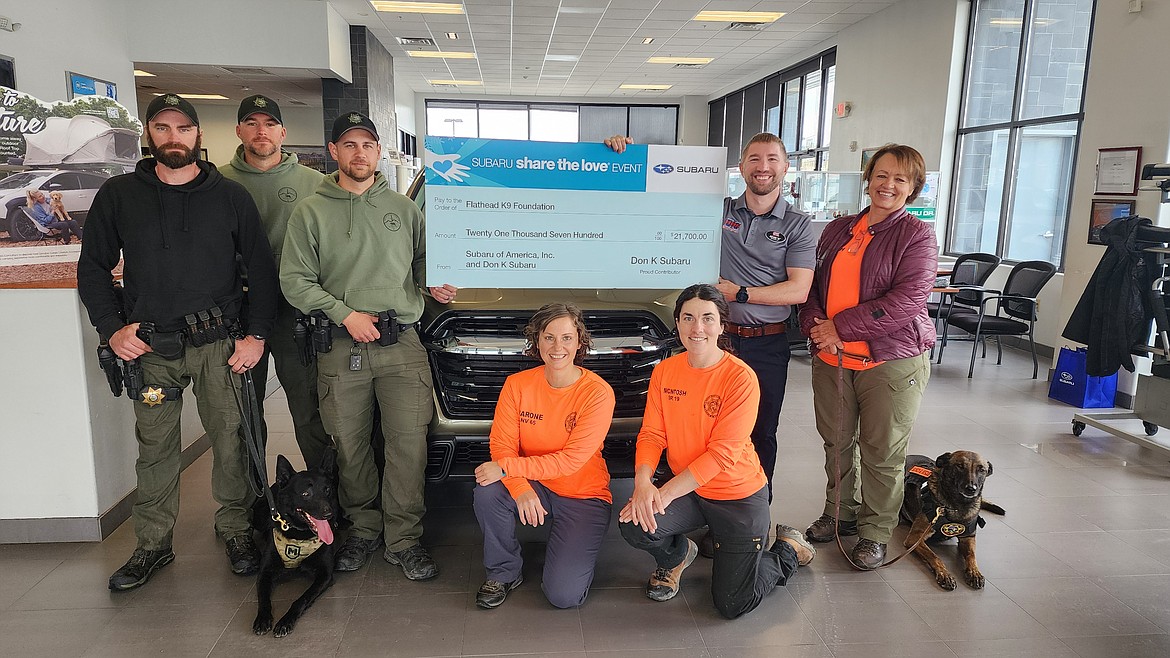 Flathead K9 Foundation representatives accepted a donation from Don “K” General Manager Kevin Kaltschmidt. The foundation was chosen by Don “K” employees and customers as the Subaru Share the Love Hometown Charity for 2023