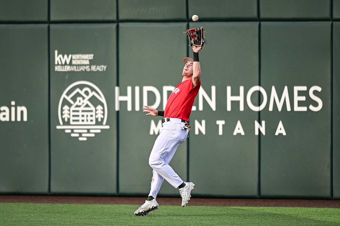 Glacier right fielder Gavin Tonkel (5) tracks down a fly ball against the Idaho Falls Chukars at Glacier Bank Park on Friday, June 14. (Casey Kreider/Daily Inter Lake)