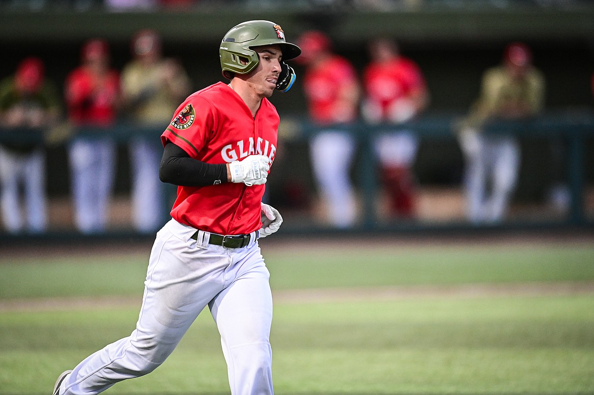 Glacier's Christian Kirtley (1) rounds the bases after a three-run home run to left field in the fifth inning against the Idaho Falls Chukars at Glacier Bank Park on Friday, June 14. (Casey Kreider/Daily Inter Lake)