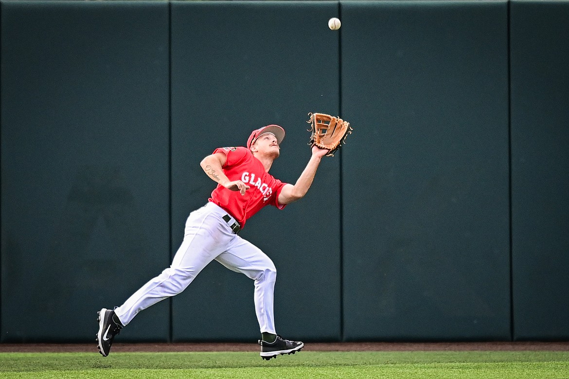 Glacier left fielder Blaze O'Saben (2) tracks down a fly ball in the first inning against the Idaho Falls Chukars at Glacier Bank Park on Friday, June 14. (Casey Kreider/Daily Inter Lake)