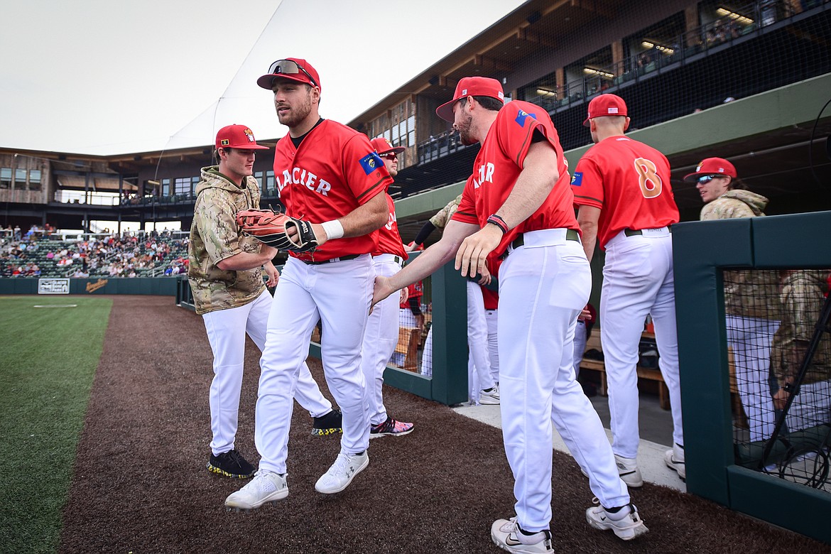 Glacier centerfielder Ajay Sczepkowski (24) takes the field before a game against the Idaho Falls Chukars at Glacier Bank Park on Friday, June 14. (Casey Kreider/Daily Inter Lake)