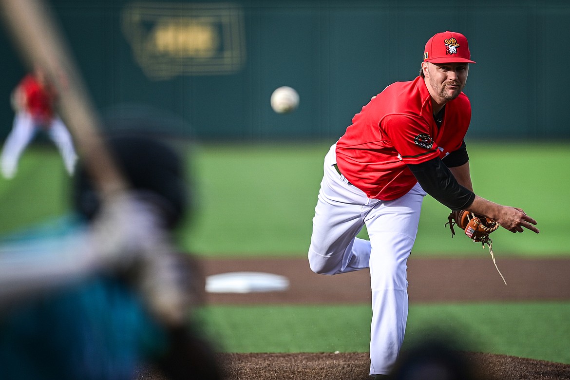 Glacier starting pitcher Cullen Kafka (32) delivers in the first inning against the Idaho Falls Chukars at Glacier Bank Park on Friday, June 14. (Casey Kreider/Daily Inter Lake)