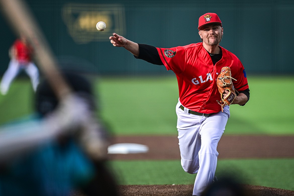 Glacier starting pitcher Cullen Kafka (32) delivers in the first inning against the Idaho Falls Chukars at Glacier Bank Park on Friday, June 14. (Casey Kreider/Daily Inter Lake)