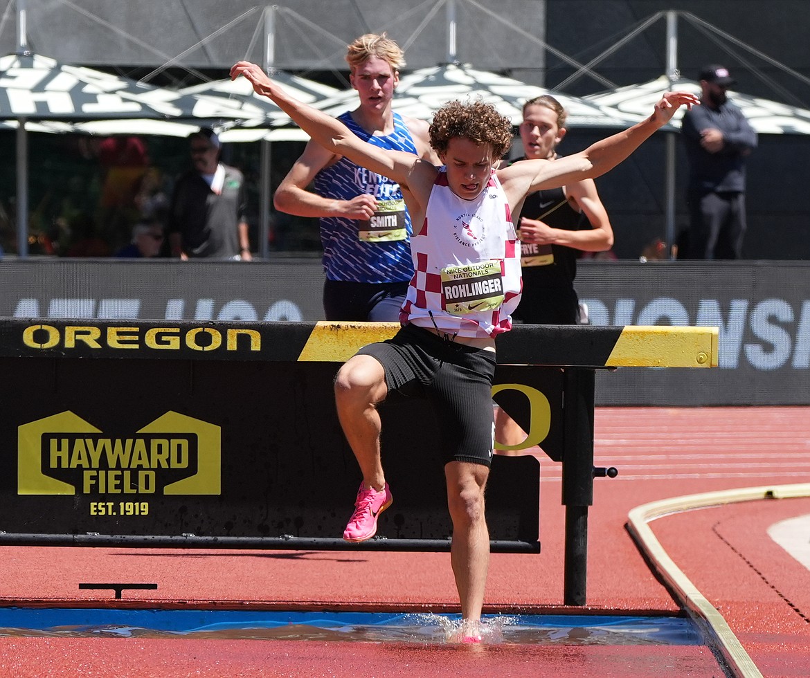 Photo by GEORGE ROHLINGER
Kyle Rohlinger, a rising senior from Coeur d'Alene High, competes in the boys 2,000-meter steeplechase at the Nike National Outdoor Track and Field meet on Thursday at Hayward Field in Eugene, Ore.