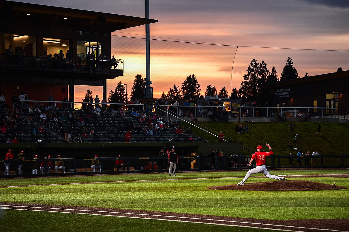 Glacier pitcher Cameron Cowan (33) delivers in the seventh inning against the Idaho Falls Chukars at Glacier Bank Park on Friday, June 14. (Casey Kreider/Daily Inter Lake)