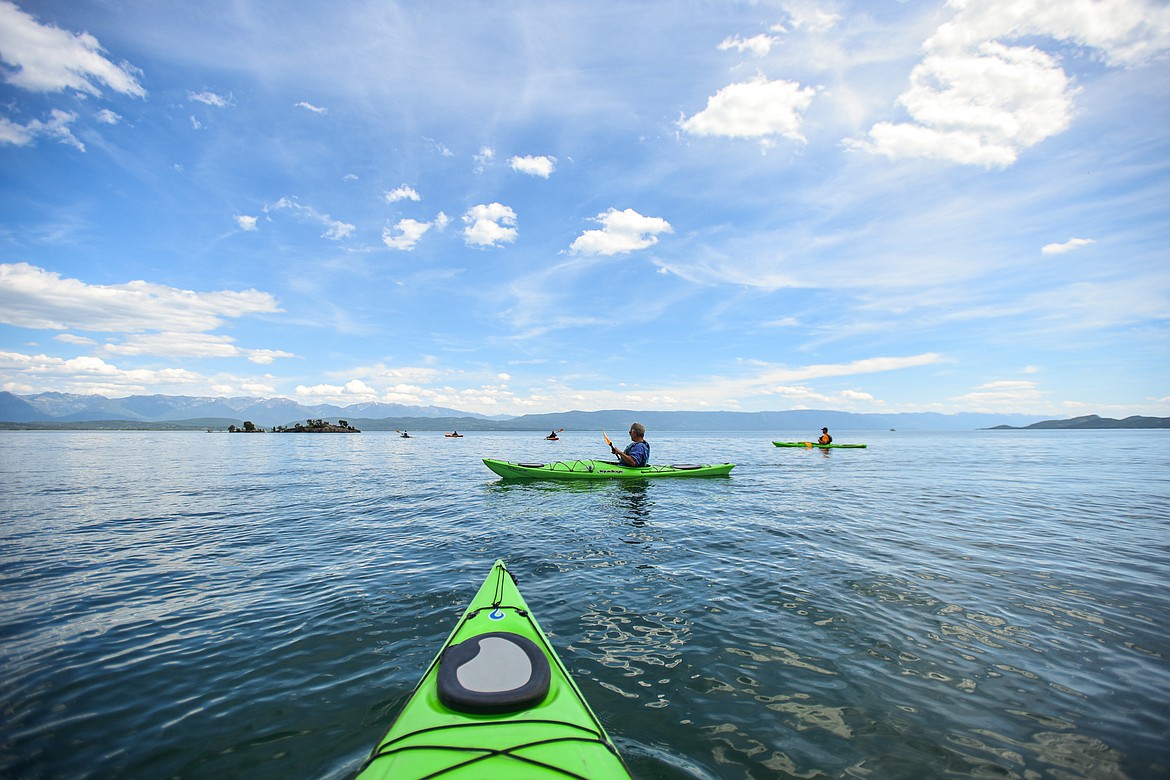 Paddling out onto Flathead Lake from Somers Bay during a Sea Me Paddle kayak tour on Friday, June 14. (Casey Kreider/Daily Inter Lake)