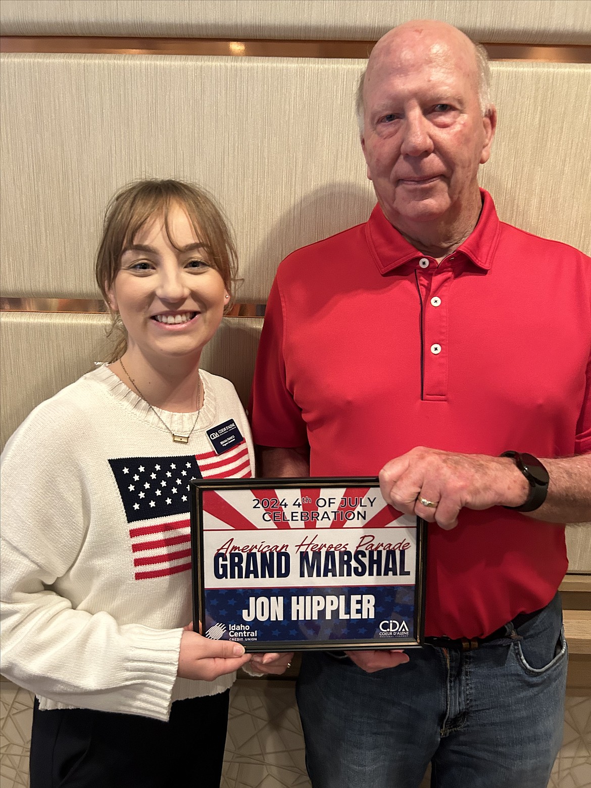 Jon Hippler was named grand marshal of the Coeur d'Alene Regional Chamber's American Heroes Parade on July Fourth. He is joined by Briana Francis, parade director.