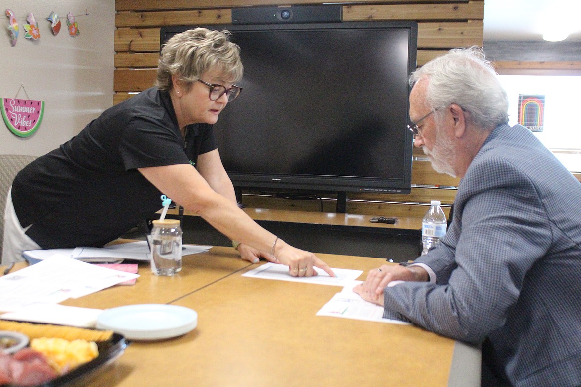 New Hope/Kids Hope Director Suzie Fode, left, goes over some of the agency’s funding sources with Congressman Dan Newhouse, right.