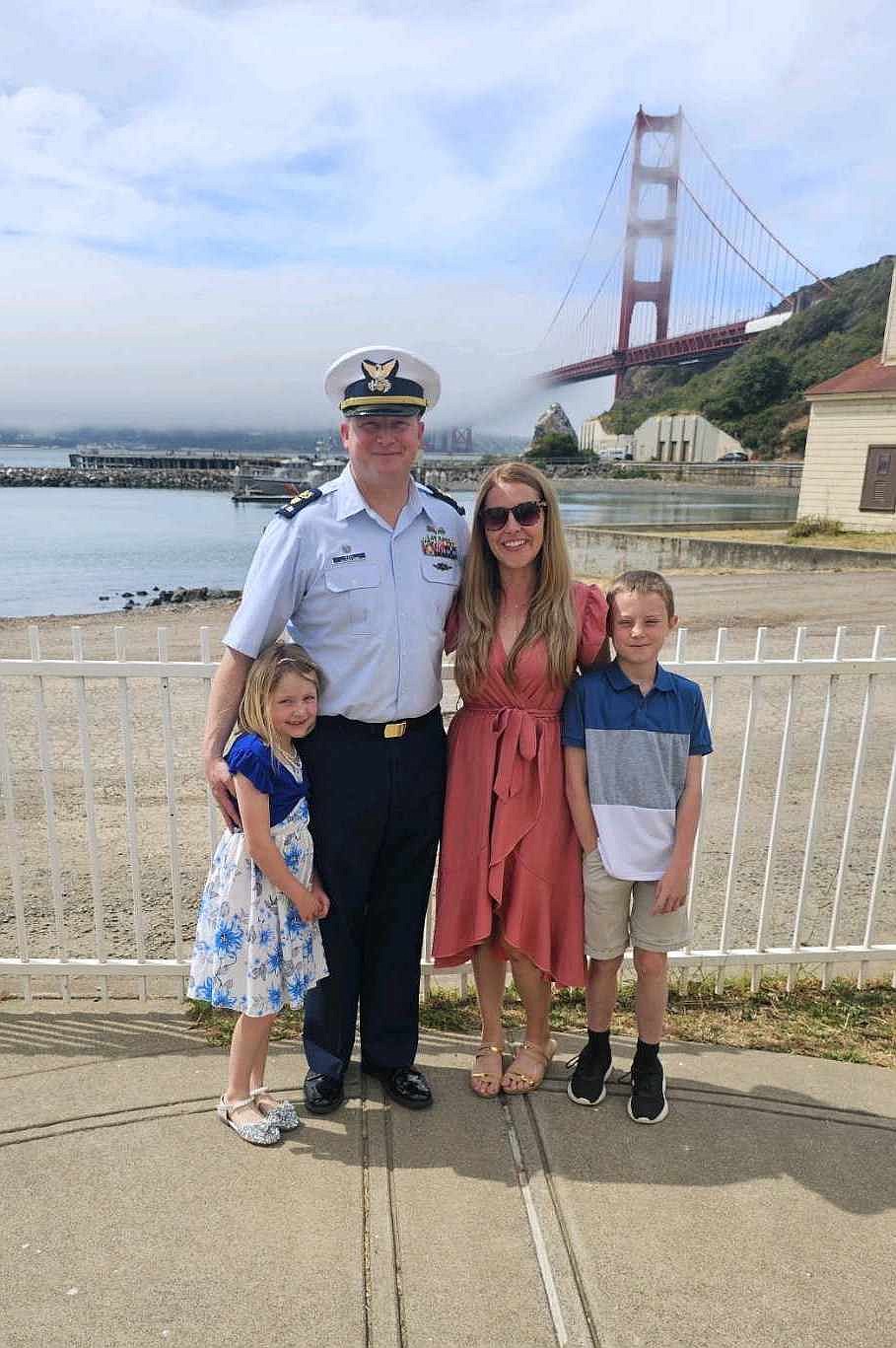 Chief Warrant Officer Tyler Goss, from Haugan, stands with his wife, Heather, daughter, Isabella, and son, Emitt in front of the Golden Gate Bridge in California. He was recently promoted to CWO after 19 years of service in the US Coast Guard. (Photo courtesy/Tyler Goss)