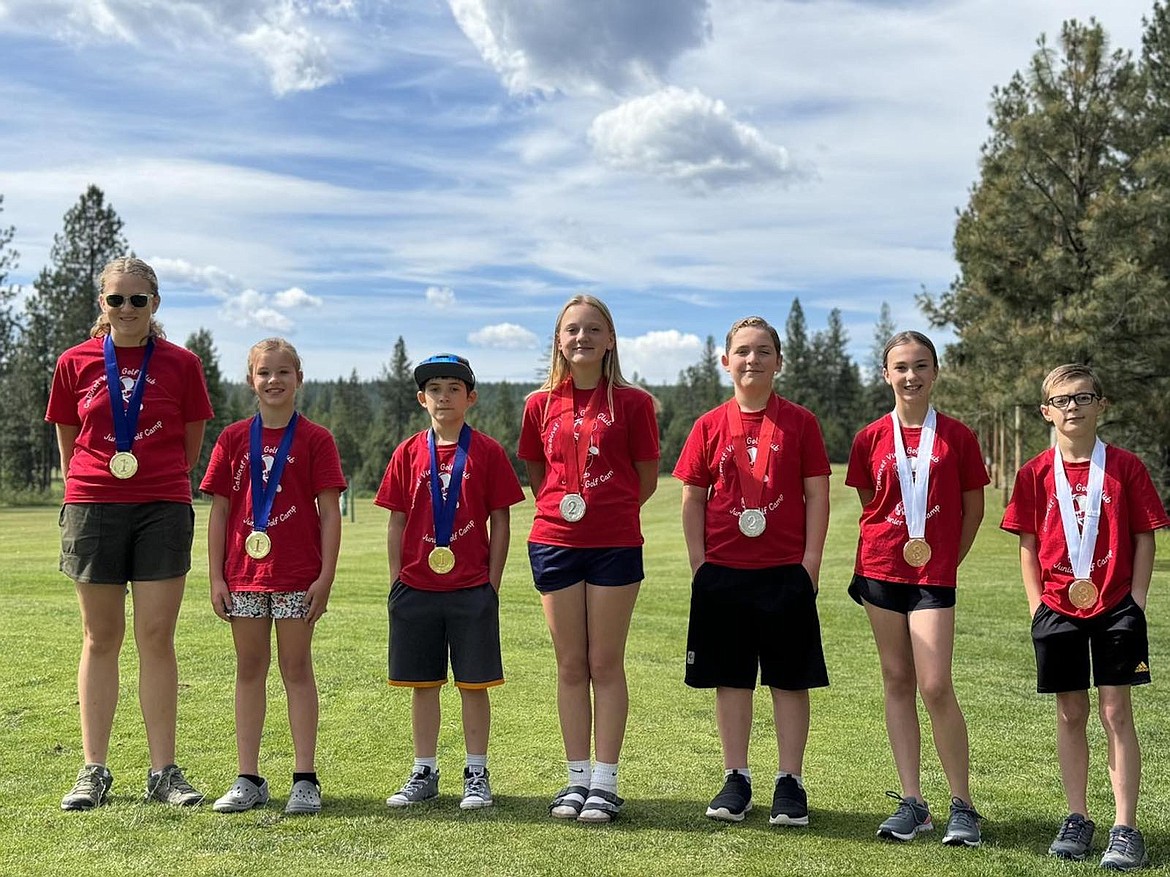 Here are the drive, chip and putt medalists in the 10-17 age group at Cabinet View Golf Club's Junior Camp. From left, are Abigail Kaufman, first; Brielle Holzer, first; Cole Fairchild, first; Quinly Leckrone, second; Ezra Fairchild, second; Conley Mercer, third; and Emory Califf, third. (Photo courtesy Cabinet View Golf Club)