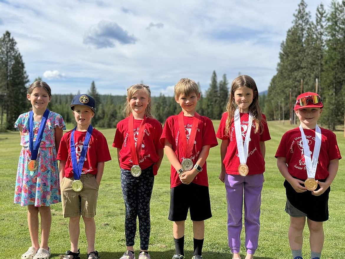 Here are the drive, chip and putt medalists in the 9-and-under group at Cabinet View Golf Club's Junior Camp. From left, are Clover Karoglanian, first; Griffin Blaz, first; Willow Fahland, second; Eli Willis, second; Olivia Berschneider, third; and Rhett Harrington, third. (Photo courtesy Cabinet View Golf Club)