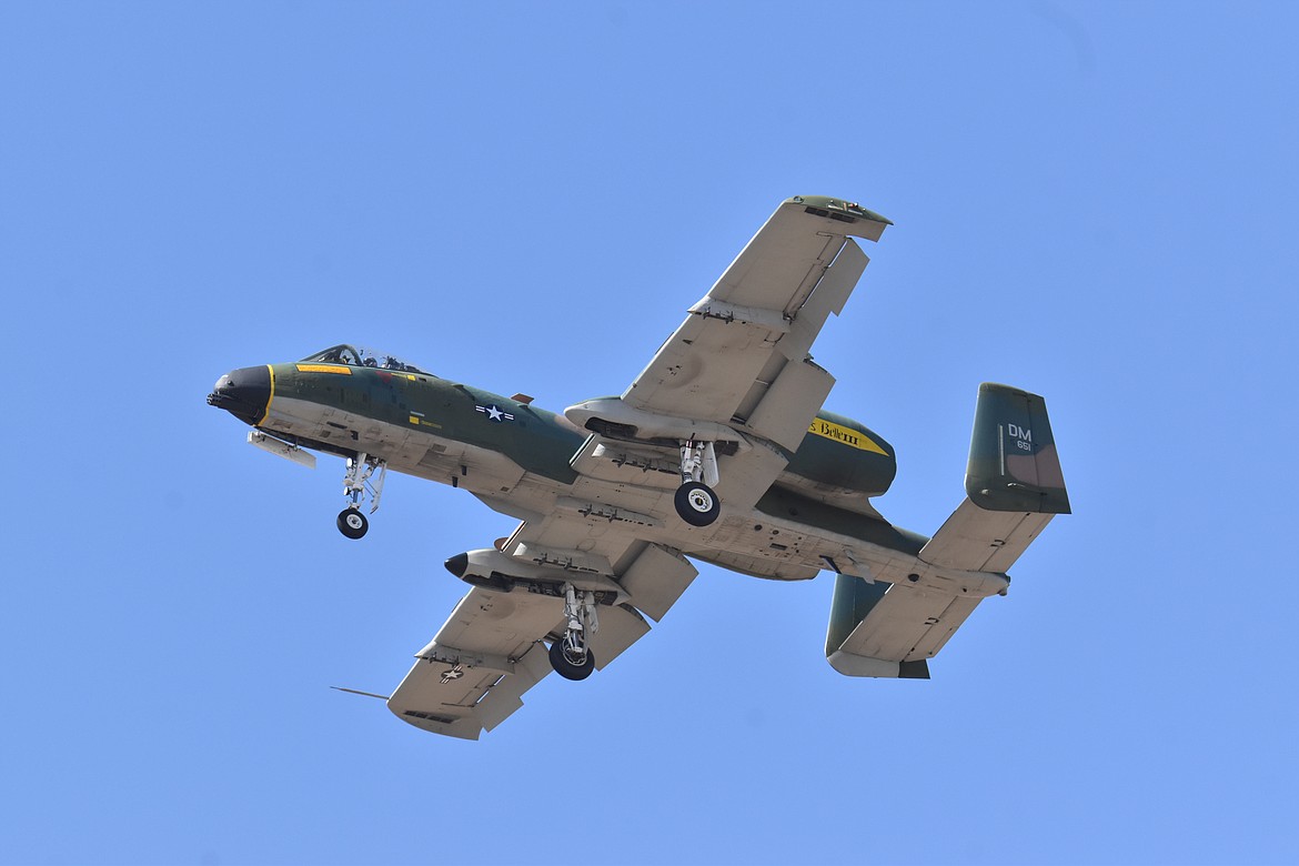 An A-10 Thunderbolt, commonly known as the A-10 Warthog, comes in for a landing at the Moses Lake Airshow. The aircraft is known for its roll in providing air support to ground troops and its 30mm cannon that spits an astonishing 3,900 rounds per minute.