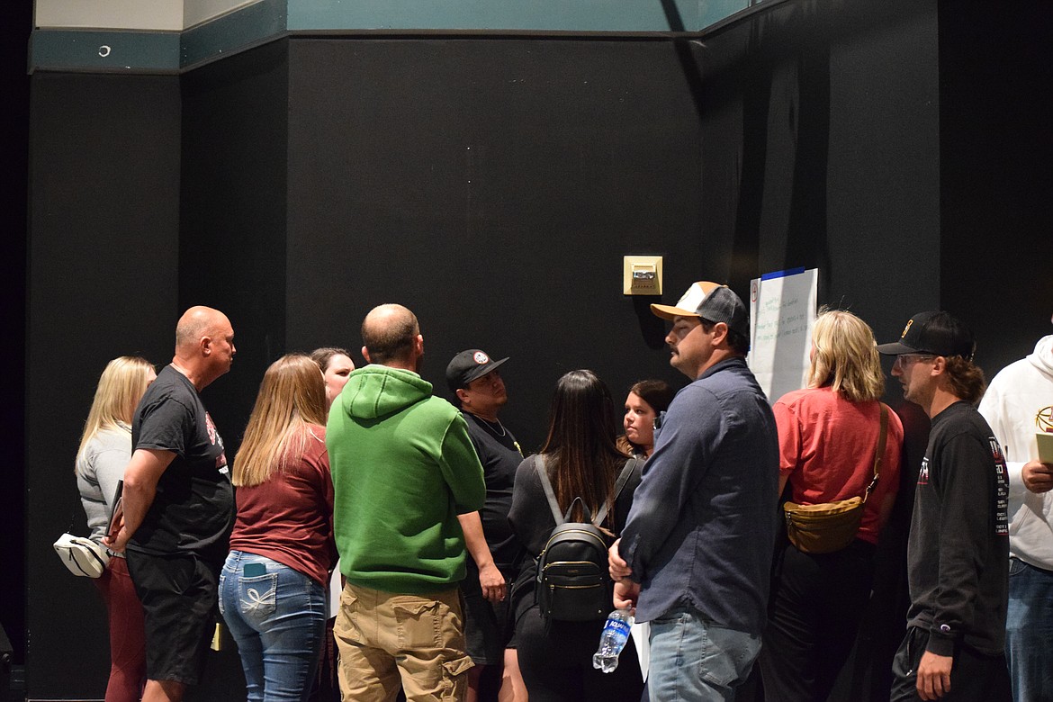 A group of community members participates in a brainstorming session at the Moses Lake High School theater Monday night. Moses Lake School District is asking for the public’s ideas on how to fund athletics and activities after two educational programs and operations levy proposals failed before voters this year. Those levies pay for programs such as football, theater and academic teams.