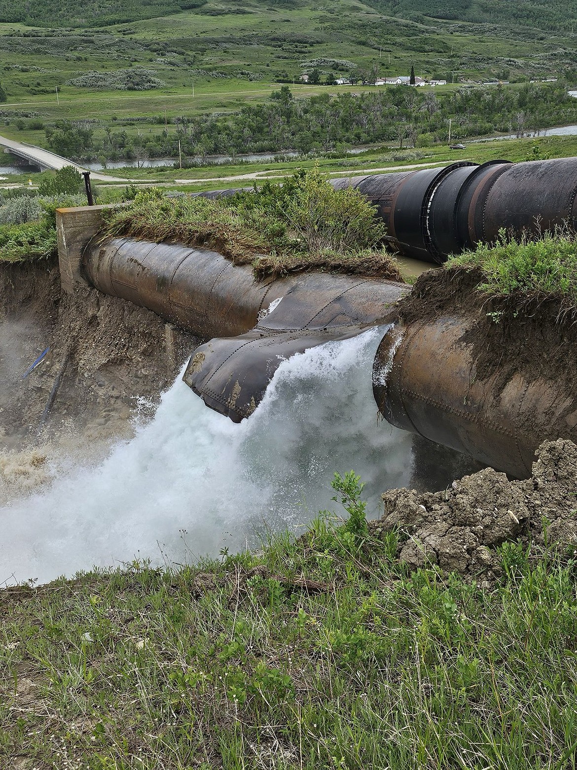 Water flows from a broken siphon on the Milk River Project near Babb on Monday, June 17, 2024. (Milk River Project photo)