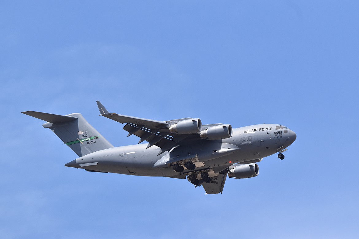 An Air Force C-17 Globemaster transport plane in flight at the Moses Lake Airshow Saturday.