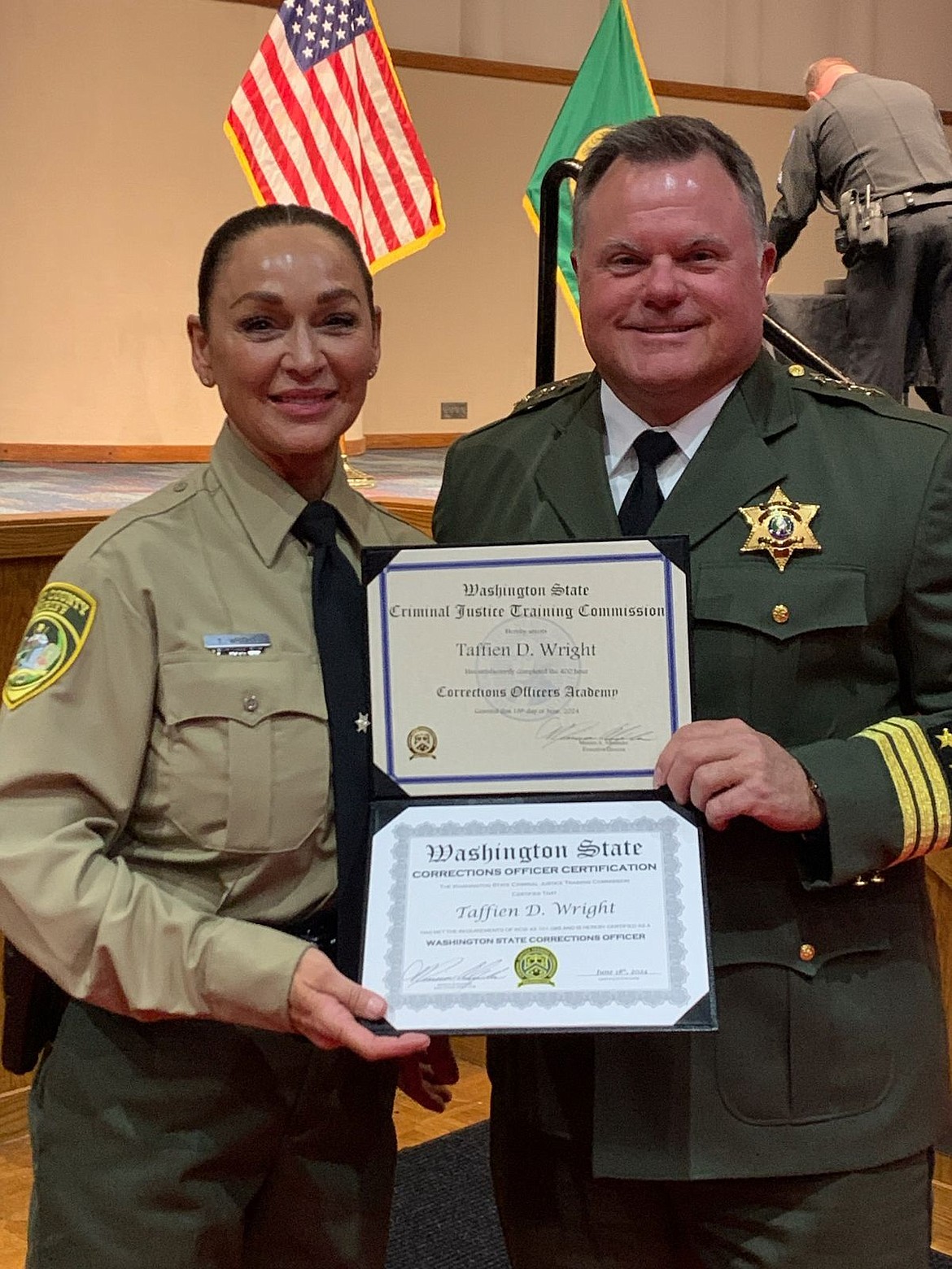 Grant County Sheriff Joey Kriete congratulated Corrections Deputy Taffien Wright on her graduation from the State Corrections Officers Academy. Wright served as the president of her academy class, according to a GCSO announcement.