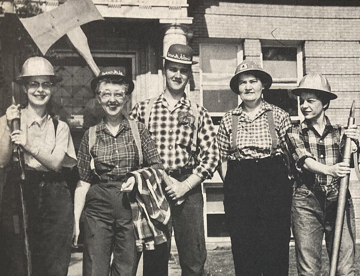 Among those dressing up for 1964 Forestry Festival Week were, from left, clerk’s office employees Judith Kugler, Margaret Shepperd, Larry Thorsness, Marguerite Tomblin and Jeanne Loomer.