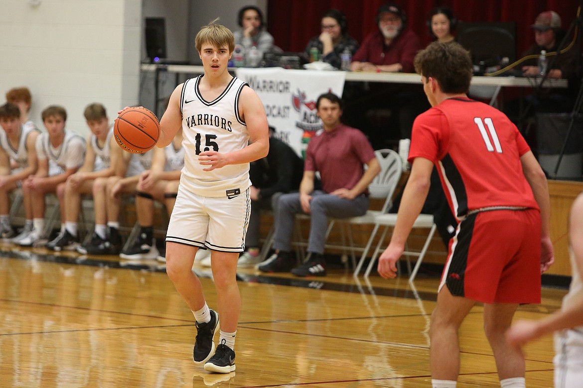 Almira/Coulee-Hartline’s Caden Correia (15) dribbles the ball up the floor during a basketball game against Line-Ritzville/Sprague on Dec. 2.