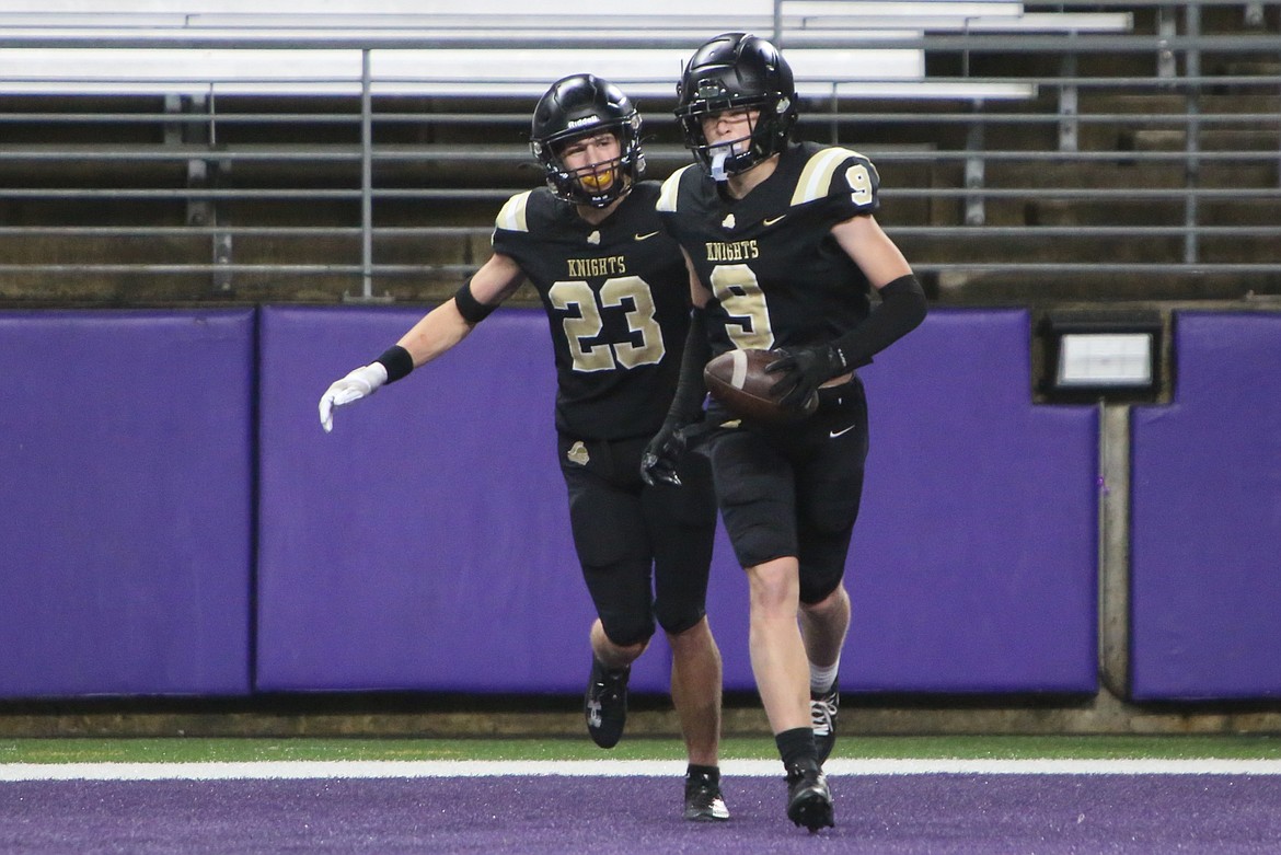 Royal graduate Case Christensen (9) celebrates after scoring a touchdown in the state championship game. Christensen is one of two Knights playing in Saturday’s Earl Barden Classic.