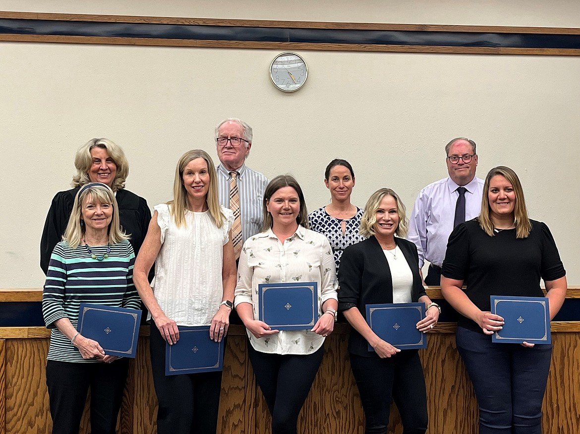 CASA volunteers were recently sworn in for CASA for Kids in Flathead County. From left in back, are Judge Heidi Ulbricht, Judge Robert Allison, Judge Dani Coffman and Judge Dan Wilson; and in front from left, Susan Davidson, Leslie Pittman, Benita Chuey, Kamy West and Katie Mast.