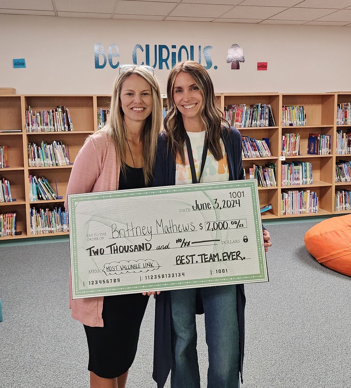 Betty Kiefer Elementary Principal Lisa Hoffman, left, is seen at the end of the school year with Betty Kiefer's 2024 MVP, special education paraprofessional Brittney Mathews.
