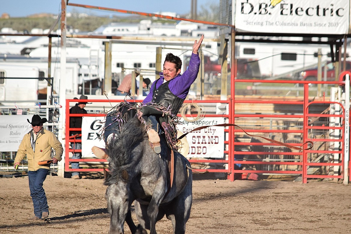 Sage Allen of Blackfoot, Idaho, competes in the bareback competition at the Last Stand Rodeo in Coulee City. The annual event was a success again this year and brought lots of visitors to the small town on the north end of Grant County. Those looking to go to the rodeo can see a schedule of them at https://bit.ly/CBHPRCA.