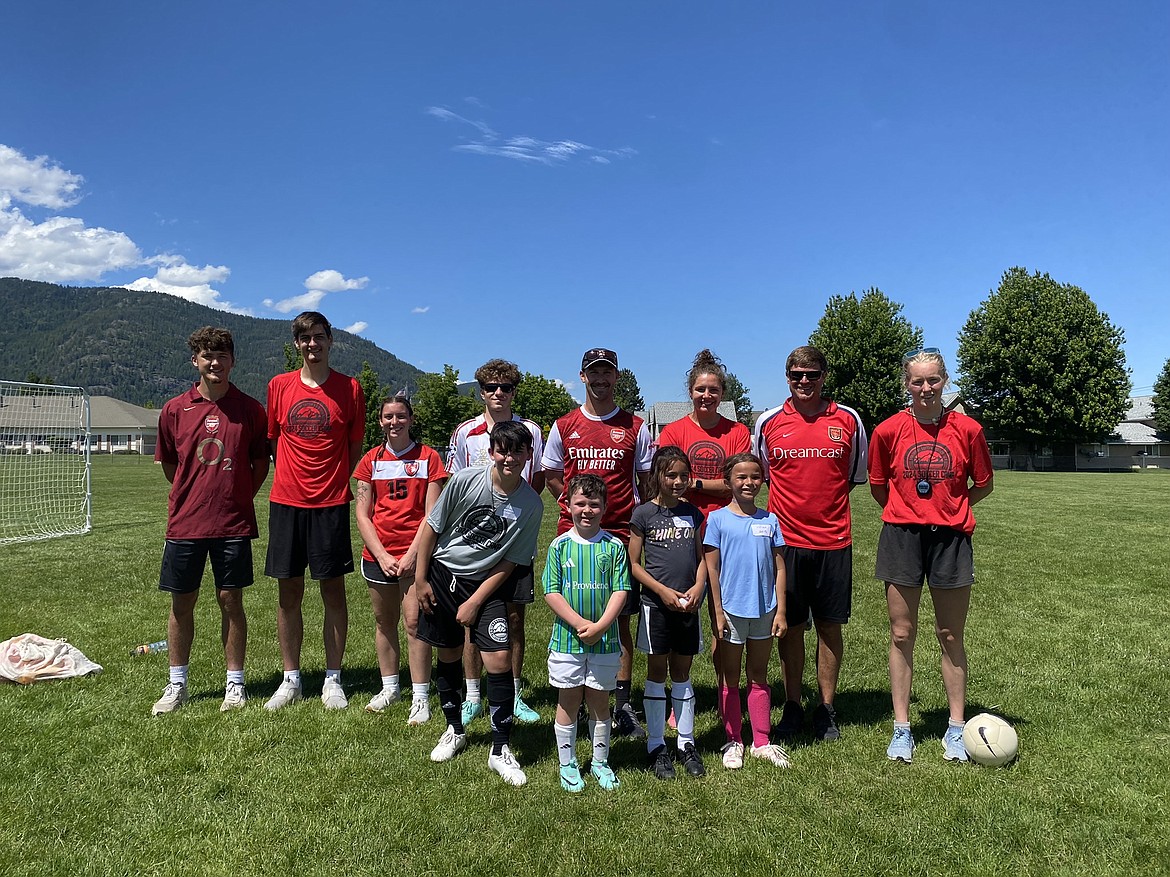 The Sandpoint Soccer Association Rec Camp's Day 4 Campers of the Day. Front row, from left are campers Michael Studabaker, Braxton Cucchesi, Delilah Padilla, Vivian Laughridge. Back, from left are coaches Evan Dickinson, Kael McGowan, Lilly Carlson, Tyler Bangle, Conor Baranski, Kylie Burnett, Brad Williams and Hattie Dussault.