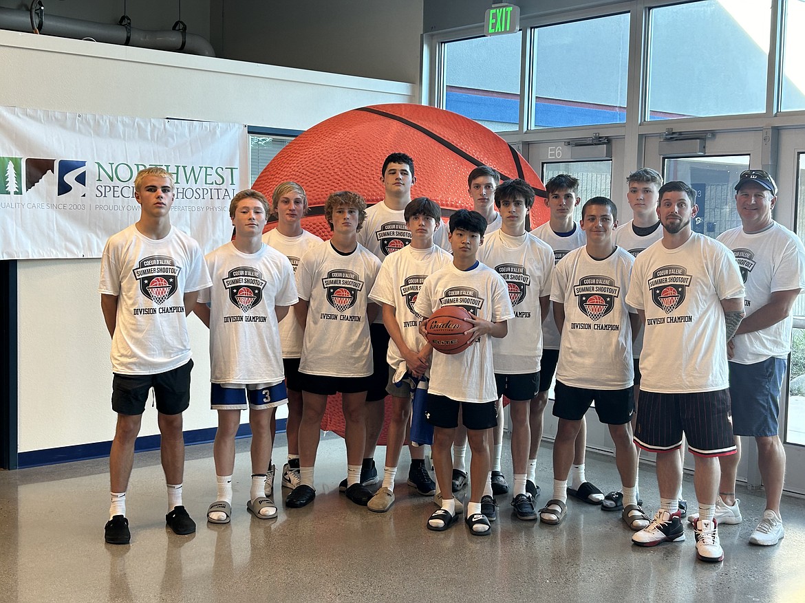 Courtesy photo
Coeur d'Alene won the junior varsity boys division tournament championship game Sunday at the fourth annual Coeur d'Alene Summer Shootout. In the front row from left are Alex McCall, Lennox Radford, Hudson Gray, Cole Nelson, Peyton Pool, Paxon Rasor, Ean McCleland and coach Colby Denton; and back row from left, Brady Rubert, Jack Johnston, Collin Simon, Davis Whitaker, Colin Wright and coach Marcus Whitaker.