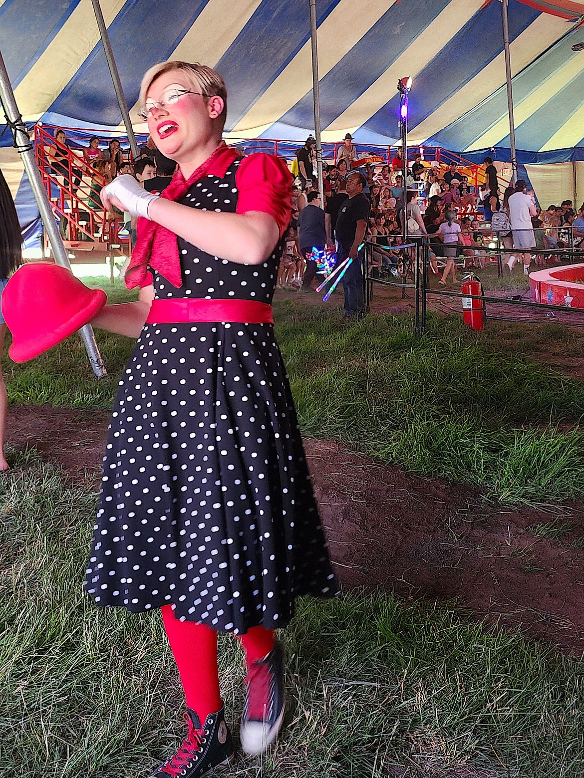 Holly, a clown with the Culpepper & Merryweather Circus, greeted people as they entered the big top on Sunday. (Berl Tiskus/Leader)