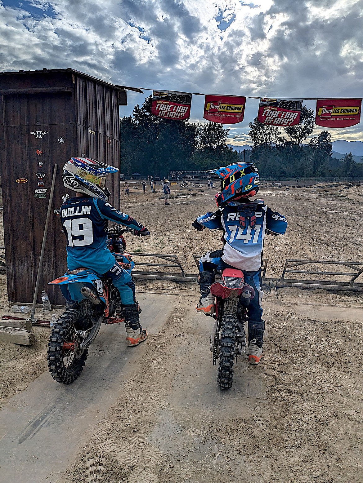 Libby's Cash Remp and Bonners Ferry, Idaho's Carson Quillin talk before their 65cc race Saturday, June 22, 2024, at the Millpond Motocross track in Libby. (Courtesy photo)