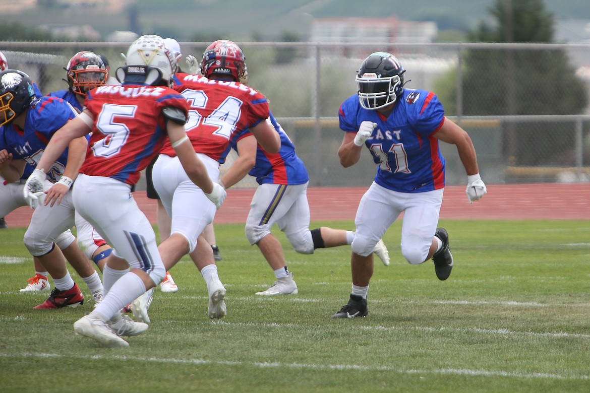 Ephrata tight end/defensive end Eric O’Neel breaks out of his stance during Saturday’s Earl Barden Classic in Yakima.