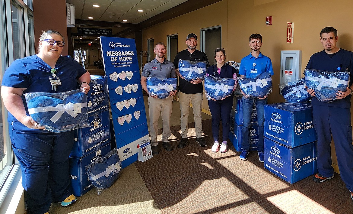 Don “K” Subaru donated blankets for cancer patients at Logan Health. From left, are Brandy Thornberry, Kevin Kaltschmidt, Jeremy Stonely, Jenna LaRose, Jeran Renfro and Jesse Arneson. (Courtesy photo)