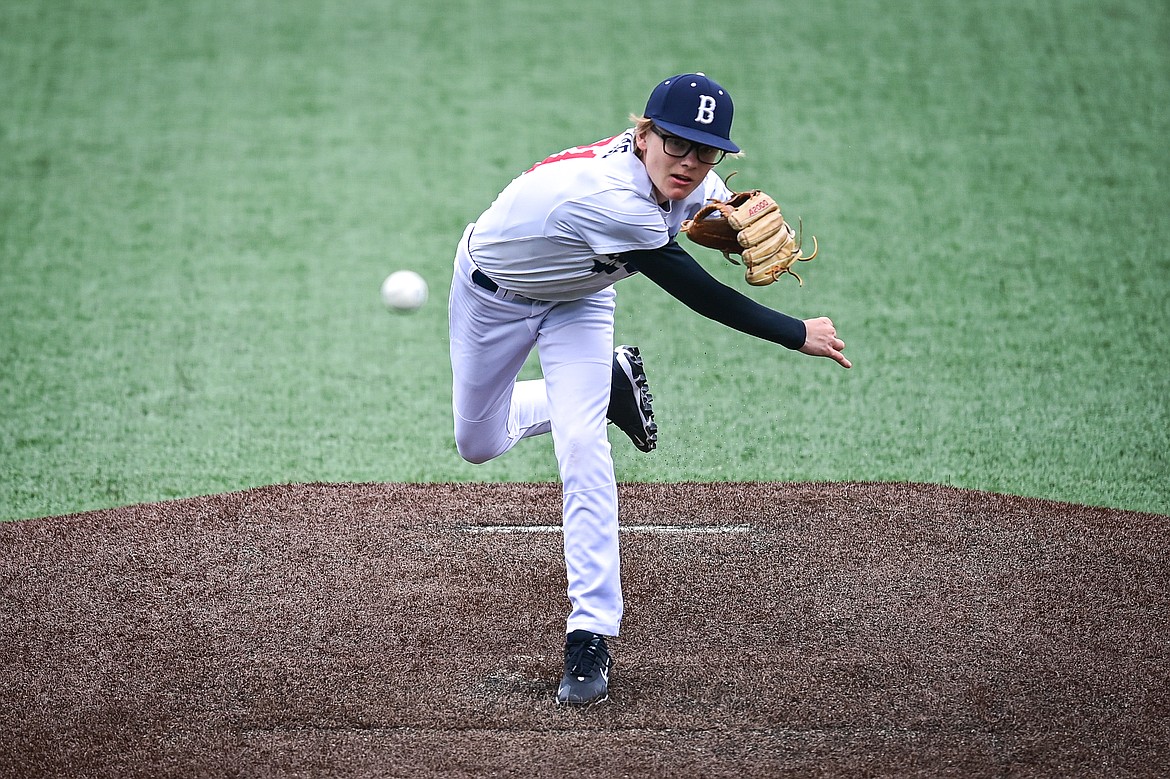 Badrock starting pitcher Cullen Wallace (21) delivers against Libby during the Badrock Invitational at Glacier Bank Park on Thursday, June 27. (Casey Kreider/Daily Inter Lake)