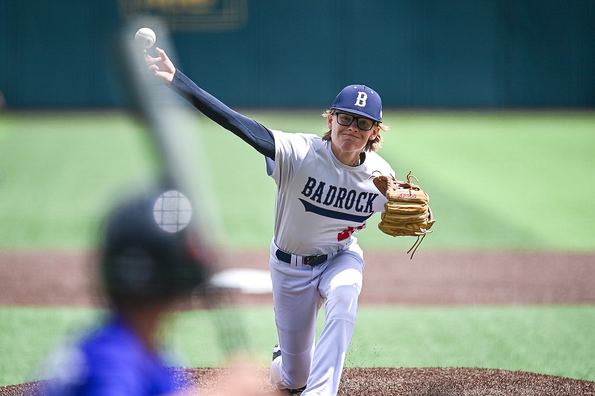 Badrock starting pitcher Cullen Wallace (21) delivers against Libby during the Badrock Invitational at Glacier Bank Park on Thursday, June 27. (Casey Kreider/Daily Inter Lake)